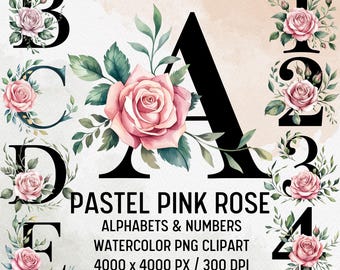 Watercolor Rose Alphabet Clipart: Black Letter PNG (Digital Download)