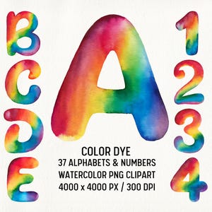 Rainbow Dye alfabet PNG-bundel, kleurrijke splatter kleurvulling, aquarel TieDye, patroonvulling letters cijfers, regenboogletters sublimatie