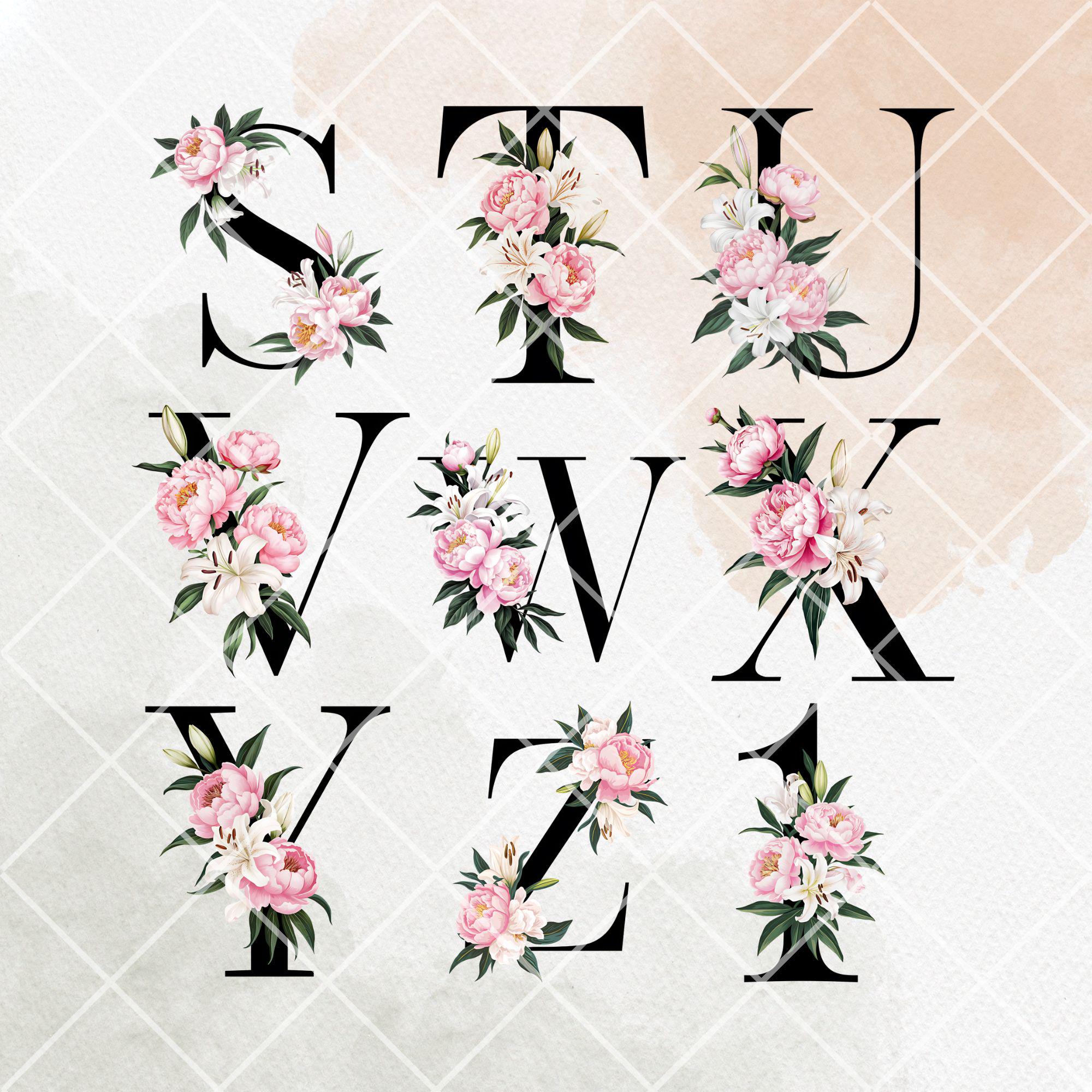 Peony & Lily Floral Alphabet Clipart: Watercolor Wedding Letters (PNG ...