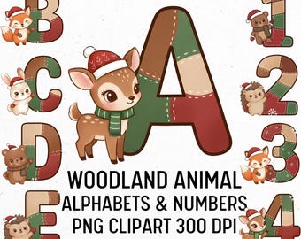 Woodland Animal Holiday Alphabet PNG Set, Forest Christmas Letters Clipart, Winter Animal Font