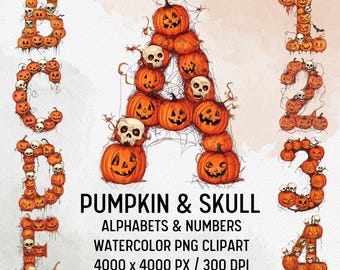 Pumpkin Skull Alphabet Clipart, Spooky Halloween Font (PNG Digital Download)