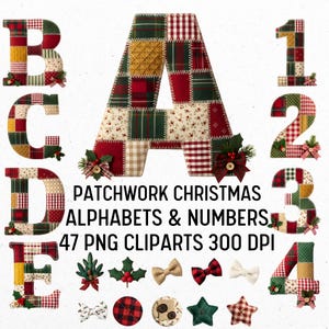 Puede incluir: Alfabetos y números navideños de patchwork en varios colores y patrones. Se muestran las letras A, B, C, D y E, junto con los números 1, 2, 3 y 4. La imagen también incluye lazos, botones y estrellas decorativas.