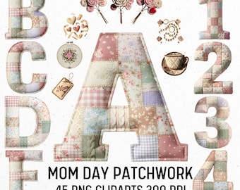 Mom Day Patchwork Quilt Alphabet, Floral PNG Clipart (Digital Download)