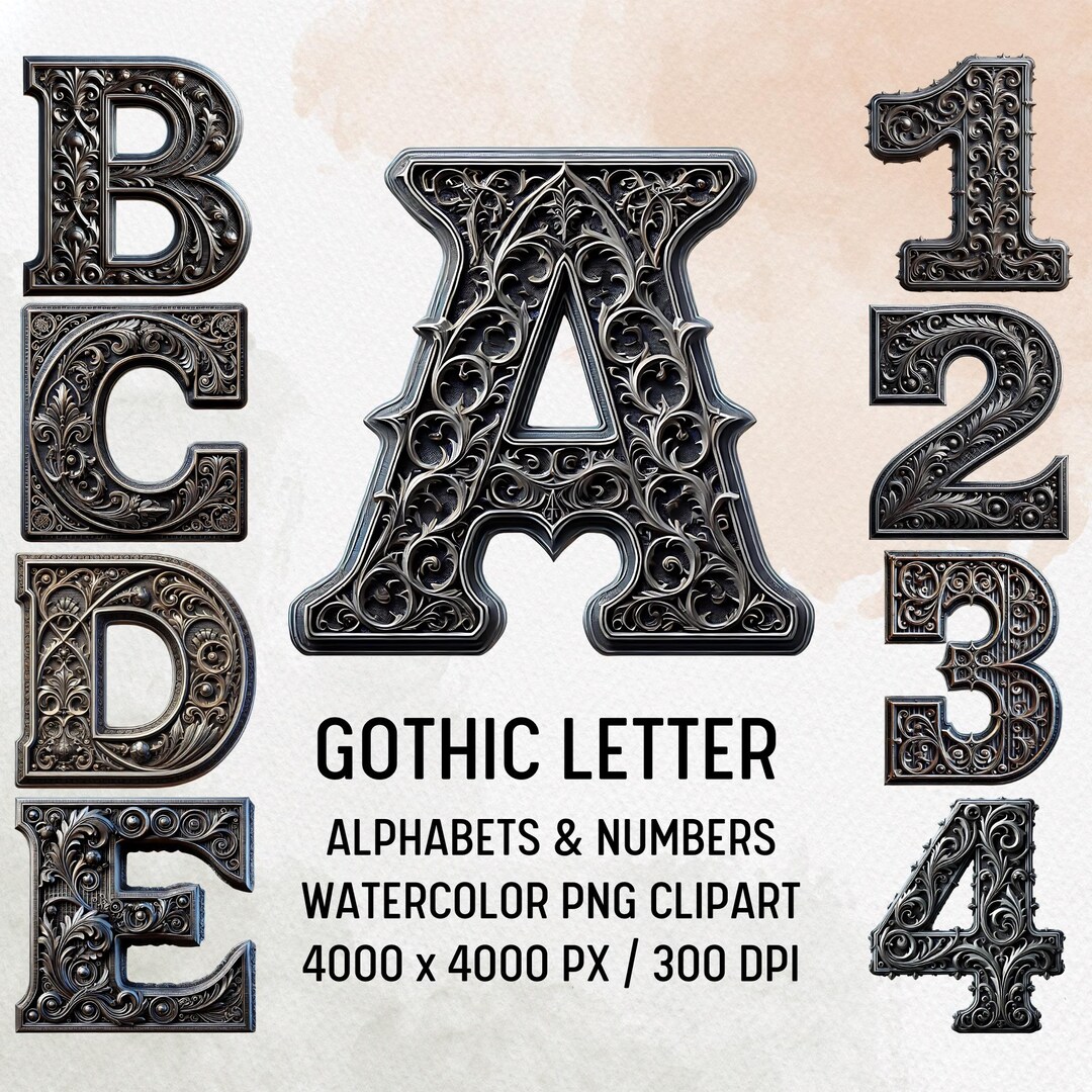 Gothich Lettering Gothic Blackletter Font Clipart: Ornate Medieval Alphabet (PNG Digital ...