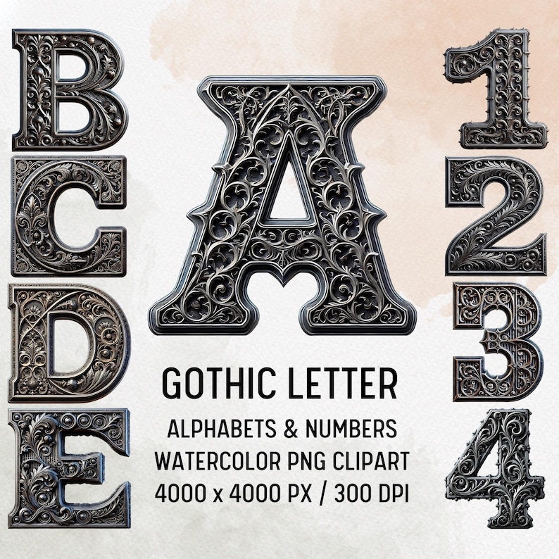 Gothich Lettering Gothic Blackletter Font Clipart: Ornate Medieval Alphabet (PNG Digital ...