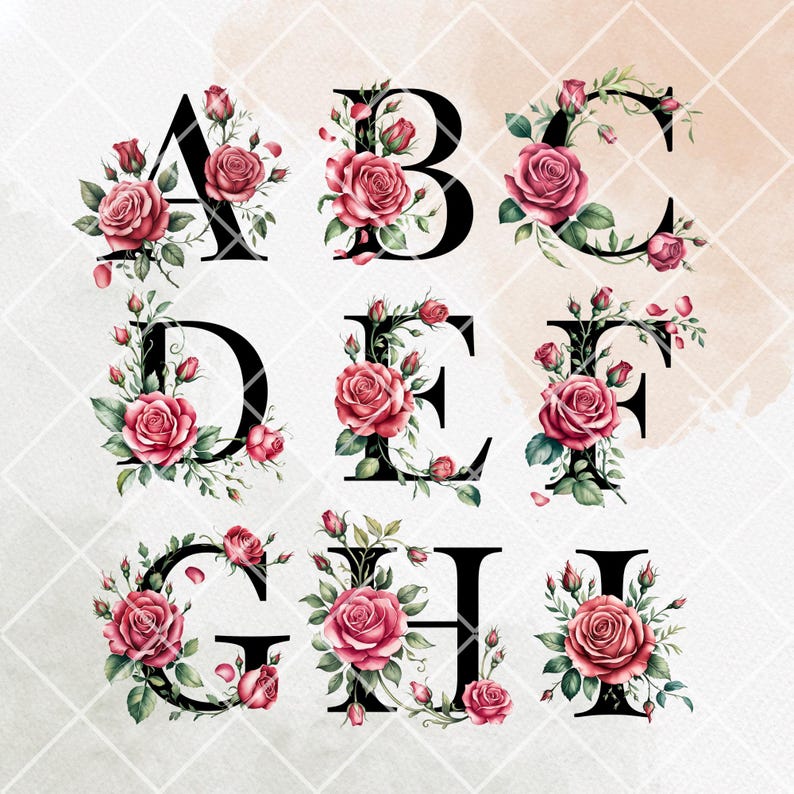 Red Rose Floral Alphabet Clipart: Black Letters (PNG Digital Download ...