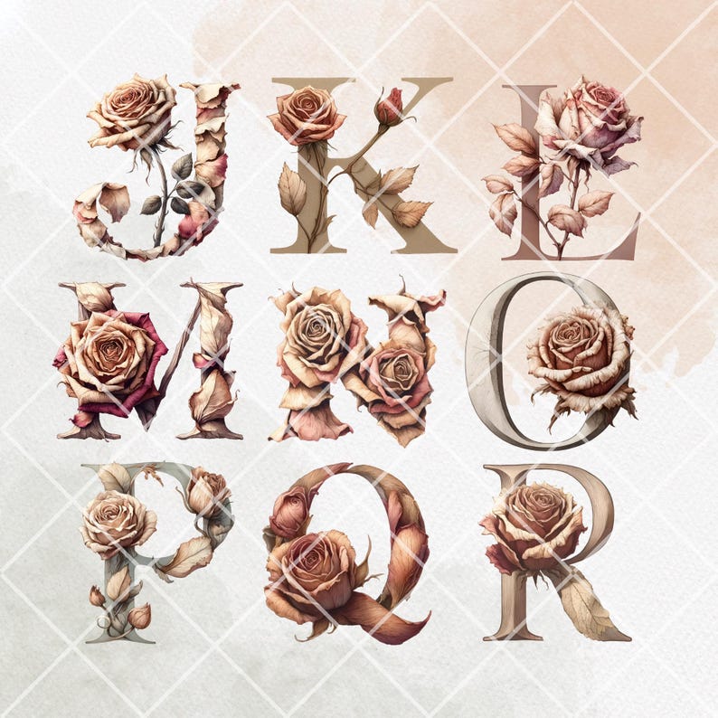 Retro Dried Roses Alphabet PNG Clipart: Vintage Journal Kit (digital ...