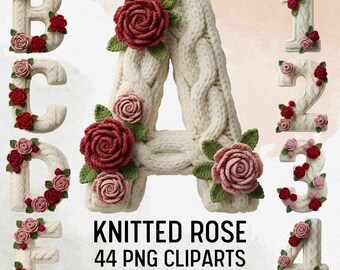 Knitted Rose Alphabet Clipart | Valentine Yarn PNG Letters (Digital Download)