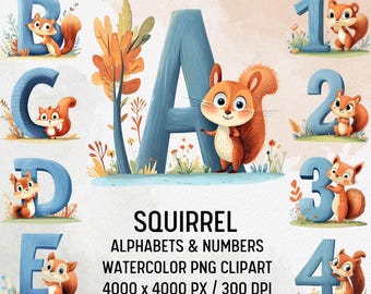 Op de afbeelding: Waterverf clipart van een eekhoorn alfabet en cijfers. Elke letter en elk cijfer is blauw met een witte omtrek en heeft een schattig eekhoorn dat eraan vasthoudt. De achtergrond is een waterverf wassing van lichtbruin met groene bladeren en bloemen.