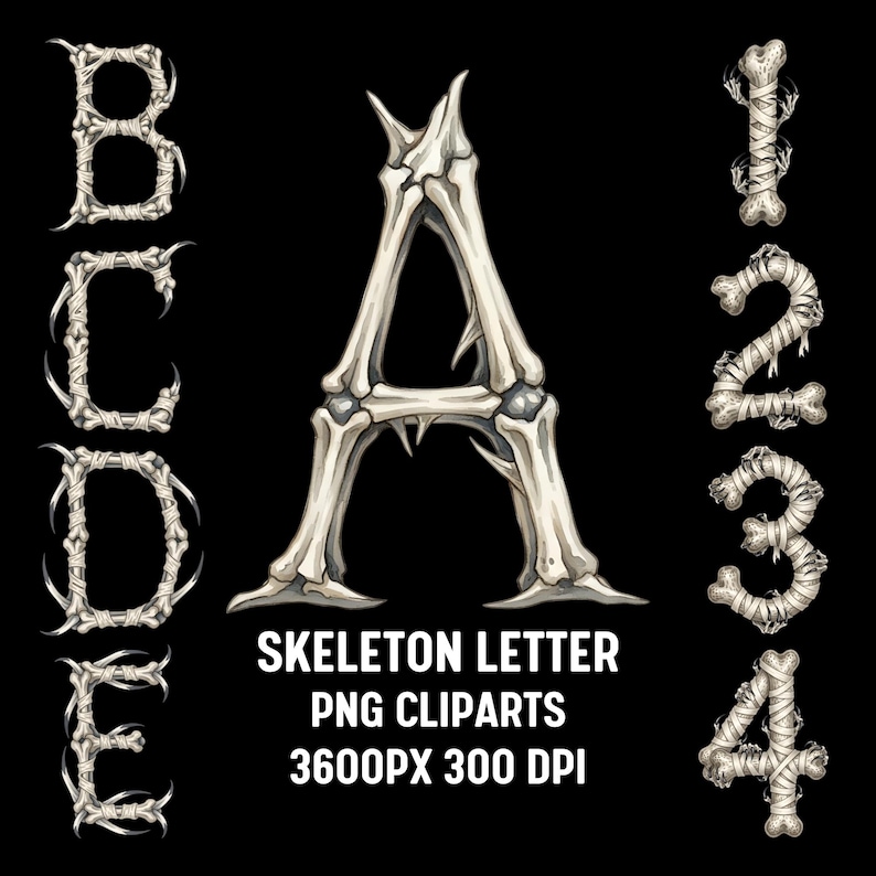 Skeleton Bone Alphabet Clipart: Gothic PNG Font (digital Download ...