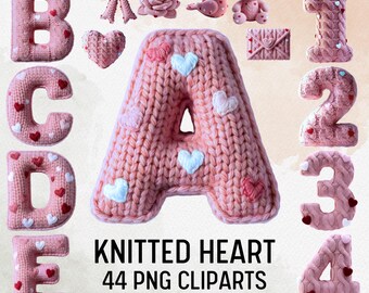 Knitted Heart Alphabet Clipart Valentine PNG Letters | Cozy Yarn Love Font