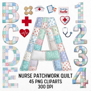 Könnte beinhalten: Eine Sammlung von Patchwork-Quilt-Designs mit Buchstaben, Zahlen und medizinischen Symbolen. Die Buchstaben A, B, C, D und E sowie die Zahlen 1, 2, 3 und 4 sind im Patchwork-Stil dargestellt. Medizinische Symbole sind ein Kreuz, ein Herz und ein Stethoskop.