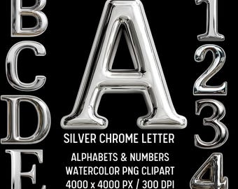 May include: Silver chrome alphabet letters A, B, C, D, and E, and numbers 1, 2, 3, and 4. The letters and numbers are displayed against a black background. Text reads: SILVER CHROME LETTER, ALPHABETS & NUMBERS, WATERCOLOR PNG CLIPART, 4000 x 4000 PX / 300 DPI.