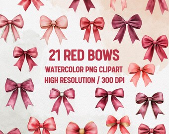 Red Watercolor Bow Clipart Bundle, Coquette PNG (Digital Download)