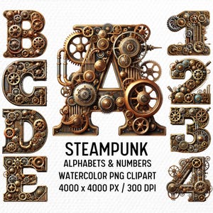 May include: A set of steampunk-style alphabet letters and numbers, rendered in a watercolor style. The letters are B, C, D, and E, and the numbers are 1, 2, 3, and 4. Each letter and number is made up of gears, cogs, and other mechanical parts, giving them a vintage industrial look. The letters and numbers are all in a gold and bronze color scheme, and they are set against a white background. The text "STEAMPUNK ALPHABETS & NUMBERS WATERCOLOR PNG CLIPART 4000 x 4000 PX / 300 DPI" is at the bottom of the image.