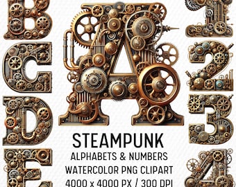 Steampunk Gear Alphabet Clipart: Industrial Metallic Font (PNG Digital Download)