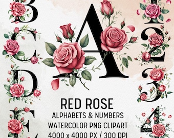 Red Rose Floral Alphabet Clipart: Black Letters (PNG Digital Download)