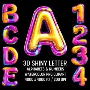 Clipart lettre brillant 3D, alphabet PNG sur papier glacé, lettres de police brillantes, texte 3D haute résolution, lettrage numérique,