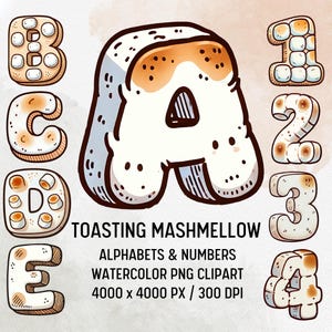 Alphabet de guimauve grillée | Lettres comestibles amusantes pour travaux manuels, gâteaux, décoration guimauve PNG, clipart guimauve, camping