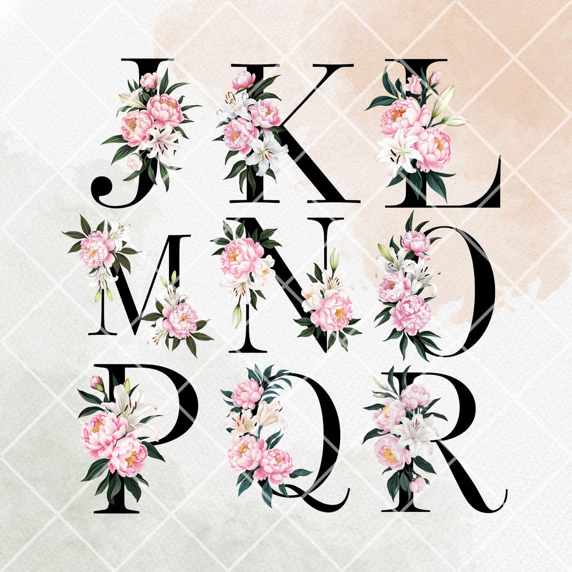 Letter R Lily Peony & Lily Floral Alphabet Clipart: Watercolor Wedding Letters (PNG ...