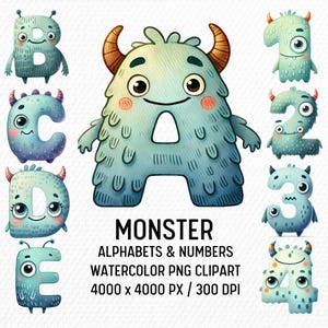 May include: Watercolor clipart of a monster alphabet and numbers. The letters and numbers are blue and green with a fuzzy texture. The letters are A, B, C, D, and E. The numbers are 1, 2, 3, and 4. The text "MONSTER ALPHABETS & NUMBERS WATERCOLOR PNG CLIPART 4000 x 4000 PX / 300 DPI" is at the bottom of the image.