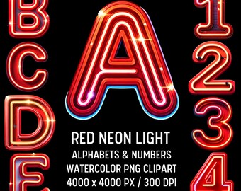 Red Neon Alphabet Clipart Bundle: PNG Designs (Digital Download)