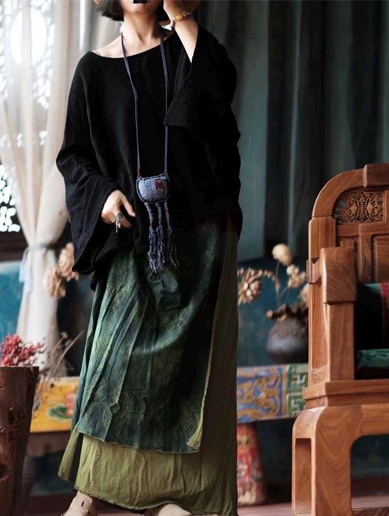 Vintage style Cotton Linen GREEN long layered skirt printed patterns dyed