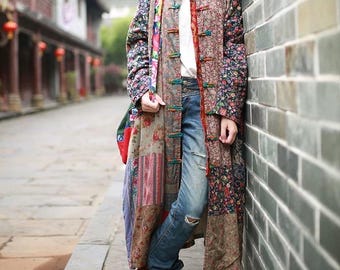 Women Chinese Vintage Style Patchwork long Coat Chinese buttons CNY