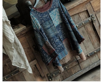 Women cotton patchwork top Vintage style