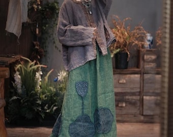 Vintage style Cotton Linen Green long skirt /+  brown Chinese buttons top CNY BOHO style