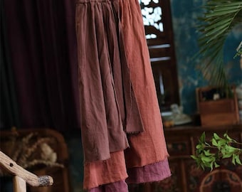 Vintage style Cotton Linen 3 layers long Skirt