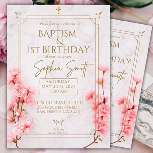 Pink Baptism and Birthday Invitation, Printable Baptism and Christening Invitation, Floral Baptism Invite for Girls, Evite Canva Template