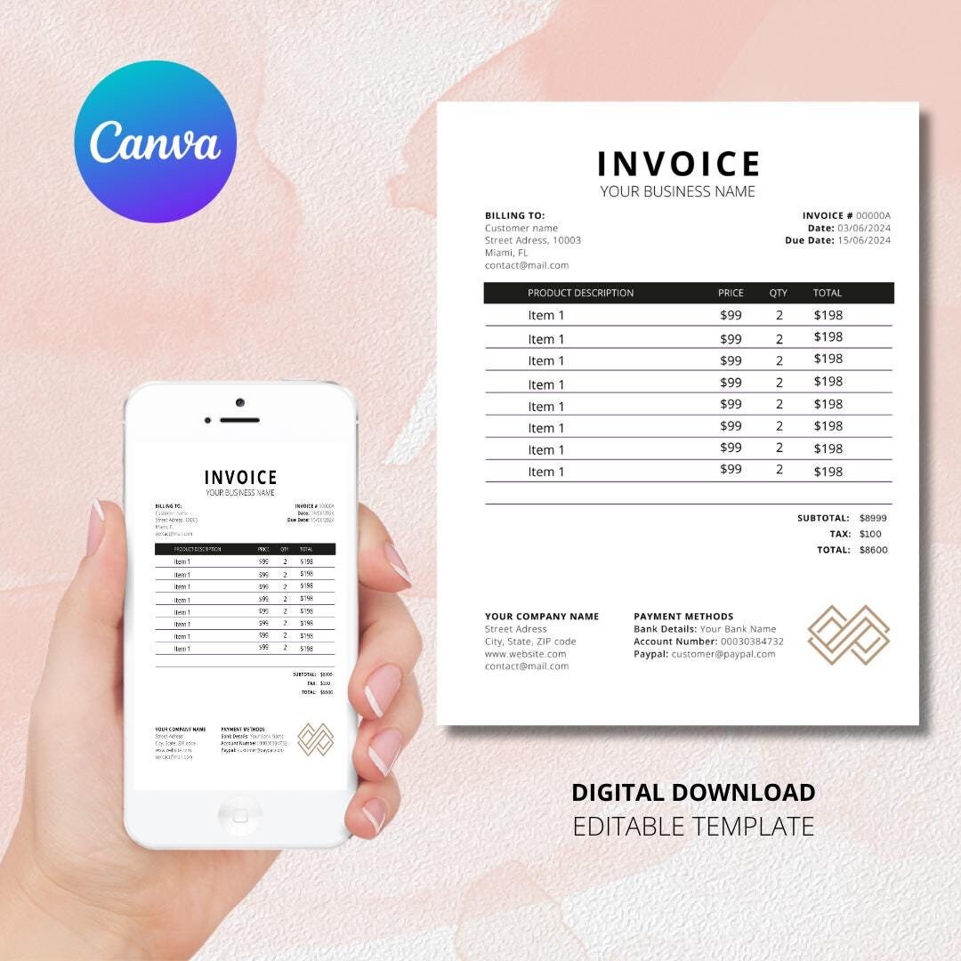 Personalized Invoice Template Canva Editable Small Business Invoice