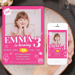 Pink Fashion Doll Party Invitation, Kids Barbi Girsl Party Invite, Lets go Party Invite, Digital Invite with Photo, Invitation with Picture