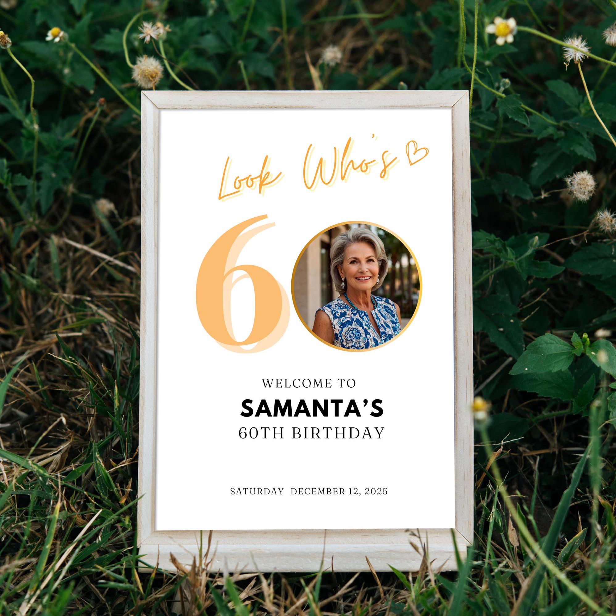 60th Birthday Welcome Sign, Modern Look Who's 60 Birthday Welcome Sign ...