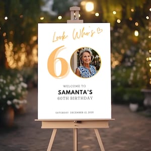 60th Birthday Welcome Sign, Modern Look Who's 60 Birthday Welcome Sign, Sweet Sixty Welcome Poster, Editable Celebration Board Canva Templ