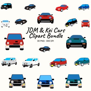 May include: A digital collection of JDM and Kei car illustrations featuring various models in red, blue, black, white, and teal. The text JDM & Kei Cars Clipart Bundle 30 PNG 300 DPI is centered among the assorted vehicle graphics shown from front and side angles.