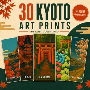 Kyoto Travel Wall Art Bundle | 30 Vintage Posters + 56 Mobile Wallpapers | Japanese Art | Japandi Decor | Digital Download