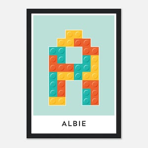 Personalised Initial Building Blocks Print, Custom Letter Colourful Toy Blocks Wall Art, Children&#39;s Name Poster, Building Bricks Letter A-Z