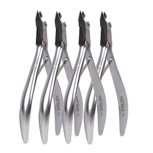 May include: Four silver nail clippers with black cutting edges are arranged against a white background. The clippers have curved handles and the word "MESSHI" is printed on each handle.