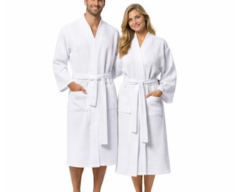 White Waffle Bathrobes for Married Couple, His and Hers Spa Robes, Matching Husband Wife Robe Set, Luxury Hotel Bathrobe, Wedding Gift