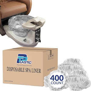 May include: A box of 400 disposable spa liners for pedicure bowls. The box is brown with the words "Disposable Spa Liner" printed on it. The liners are white and made of plastic.