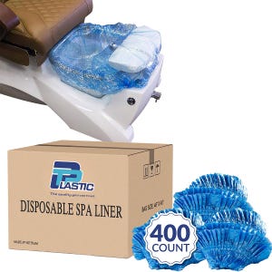 May include: A box of 400 blue disposable spa liners for pedicure chairs. The box is brown with the text "LLASTIC The quality you can trust DISPOSABLE SPA LINER MADE IN VIETNAM BAG SIZE: 48" X 48"