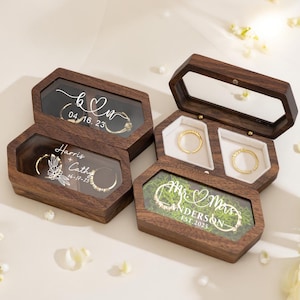 Caja de anillos personalizada con tapa de acrílico transparente, caja de madera con 2 ranuras, soporte para anillos de boda, regalo para anillo de compromiso