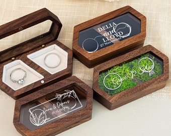 Caja de madera personalizada para anillos de boda, con cubierta de acrílico transparente, ideal para bodas, compromisos y aniversarios.