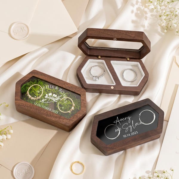 Trouwringdoosje, verlovingsringhouder, unieke ringhouder voor een stel, gepersonaliseerd jubileumcadeau, ringdoosje voor haar, huwelijksaanzoek
