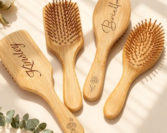 Personalized Wooden Bridesmaid Hair Combs, Engraved Wooden Airbag Hairbrush, Wedding Party Gift, Birth Flower Hairbrush with Name for Her