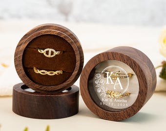 Wooden Wedding Ceremony Round Ring Box with Clear Acrylic Cover, Personalized Engagement Proposal Married Ring Holder, Bridal Gift For Her