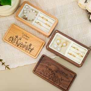 Boîte à bijoux en bois, boîte à bijoux en bois florale personnalisée, porte-bijoux prénom et fleur, cadeau d'anniversaire parfait pour femme, cadeau d'anniversaire