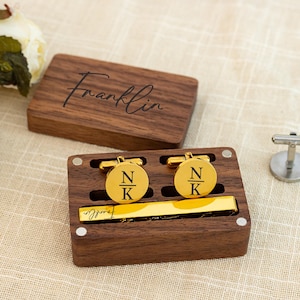 Manchetknopen dasspeld set houten kist, gepersonaliseerde manchetknopen set voor bruidsjonkers, huwelijksaanzoek cadeau, manchetknopen dasspeld voor vader van bruidegom
